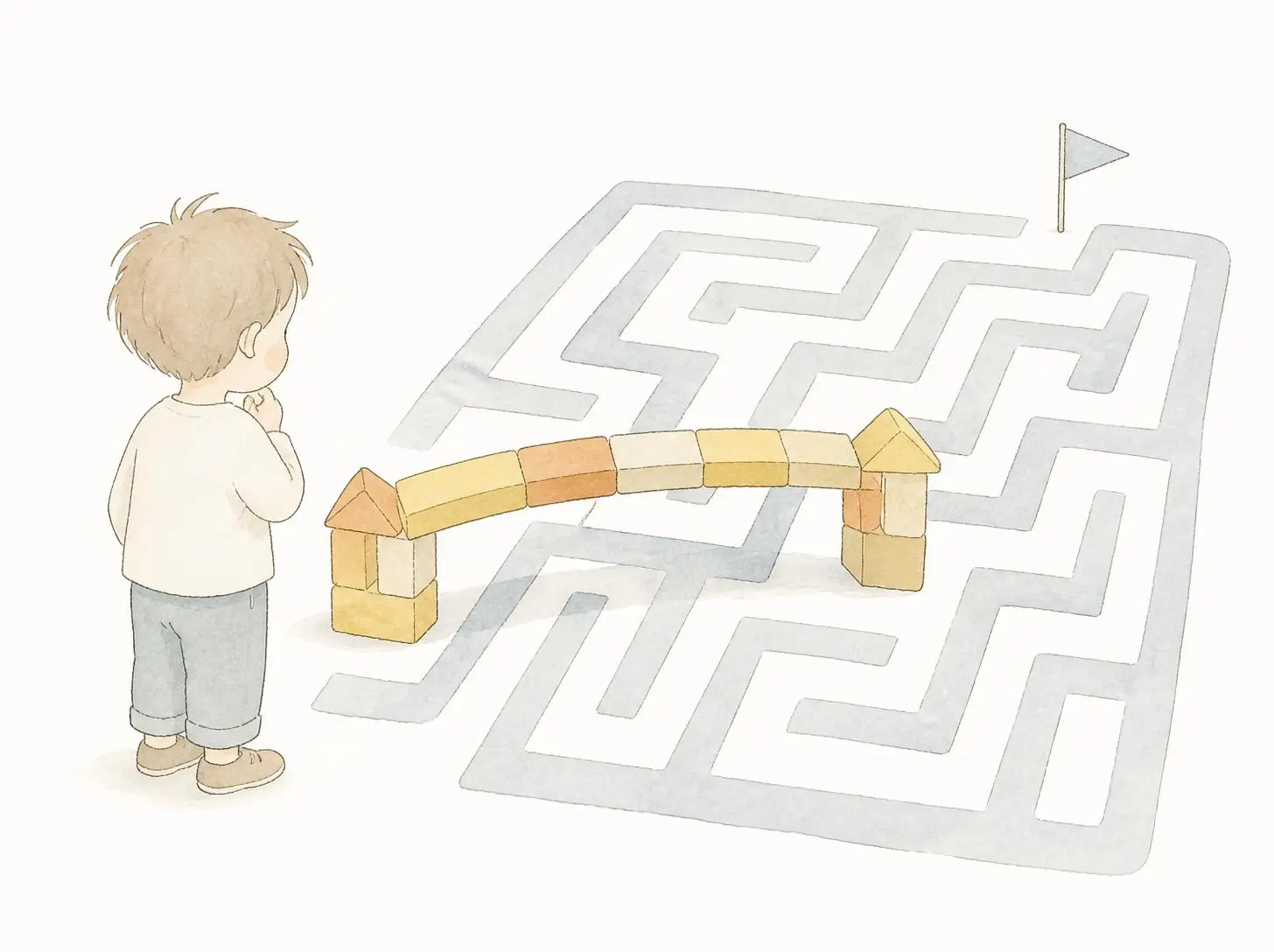 Minimalist Simple Line Art Illustration In A Soft Muted Watercolor Wash A Small Child Standing In Front Of A Hand Drawn Paper Maze. A Small Bridge Made Of Toy Blocks Creates A Shortcut Over Part Of The Maze