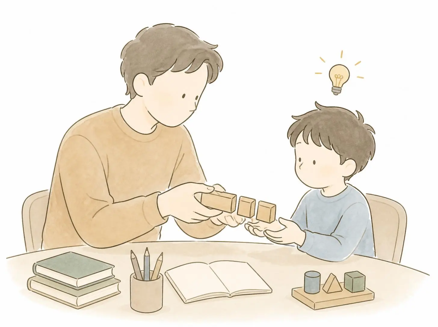 Minimalist Simple Line Art Illustration In A Soft Muted Watercolor Wash. An Adult And A Child Sit Side By Side At A Simple Desk